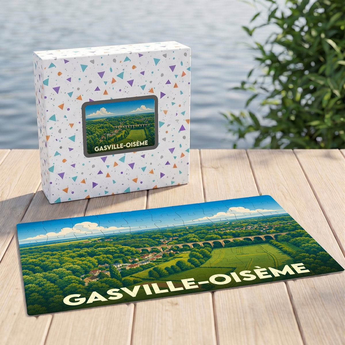 Puzzle souvenir de la ville de Gasville-Oisème avec une illustration paysagère stylisée.