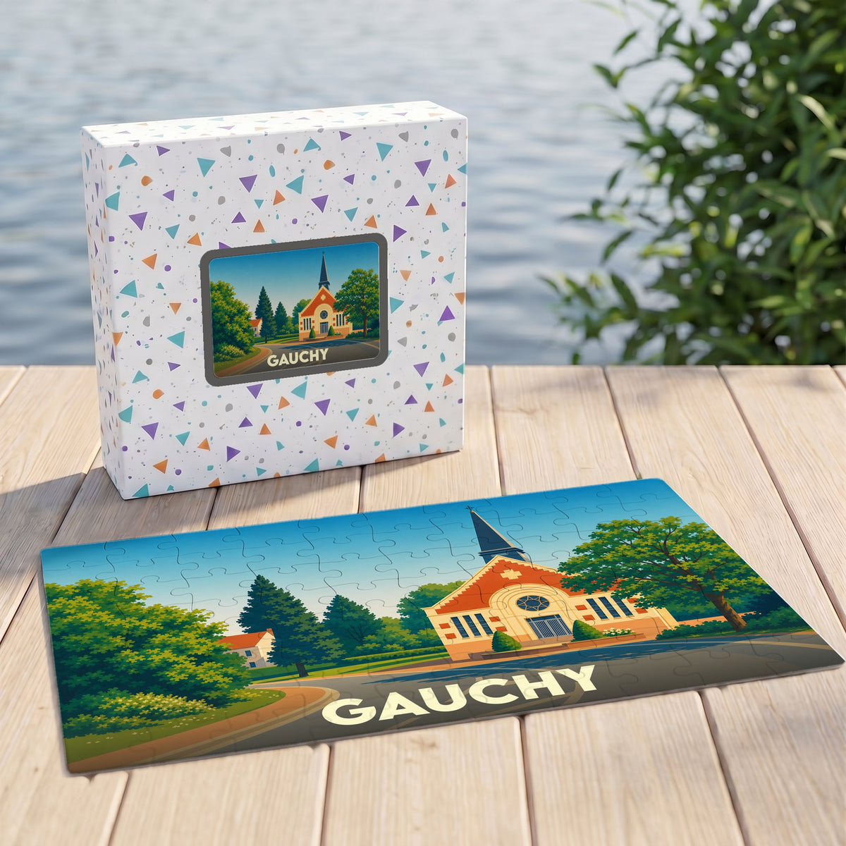 Puzzle souvenir de la ville de Gauchy avec une illustration stylisée et colorée.