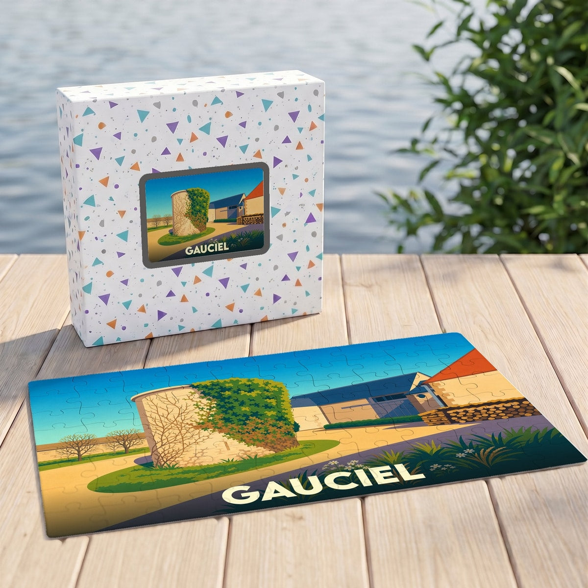 Puzzle souvenir de la ville de Gauciel avec une illustration stylisée et colorée.