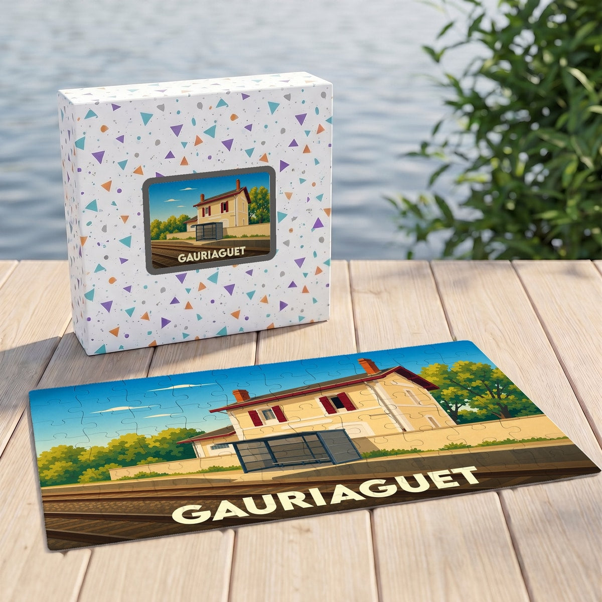 Puzzle souvenir de la ville de Gauriaguet avec une illustration stylisée d'une gare.