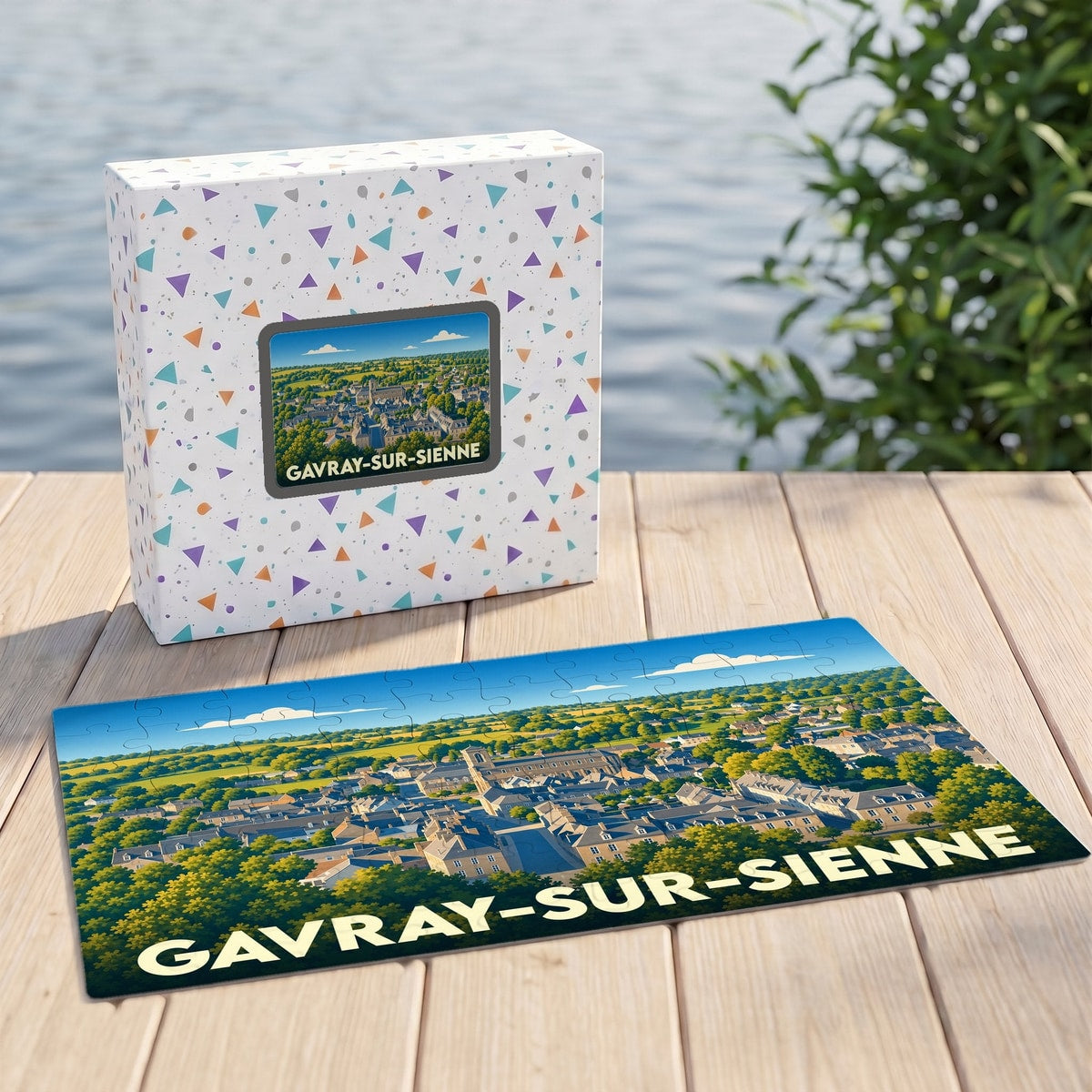 Puzzle souvenir de la ville de Gavray-sur-Sienne avec une illustration panoramique stylisée.