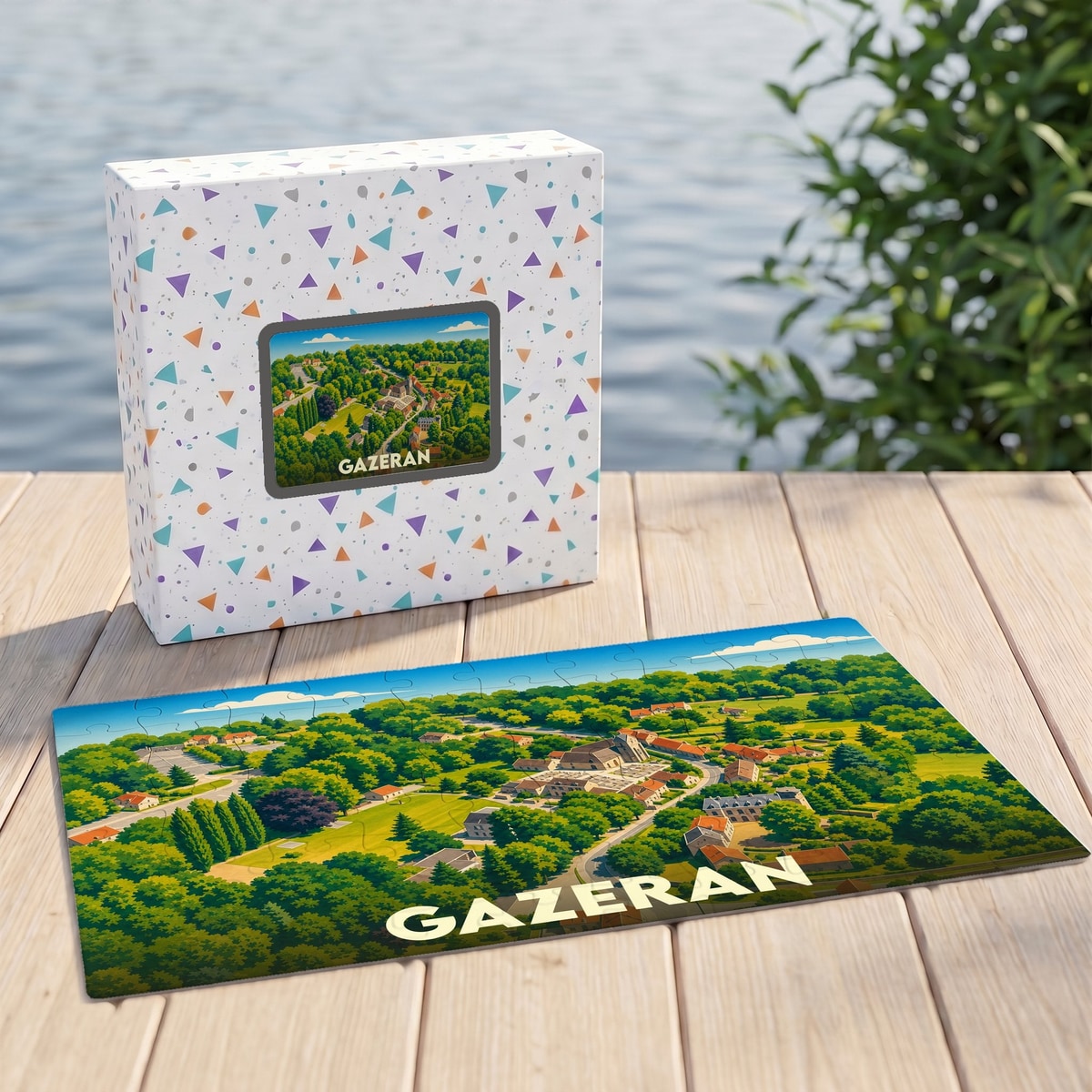 Puzzle souvenir de la ville de Gazeran présentant une vue aérienne illustrée et colorée.