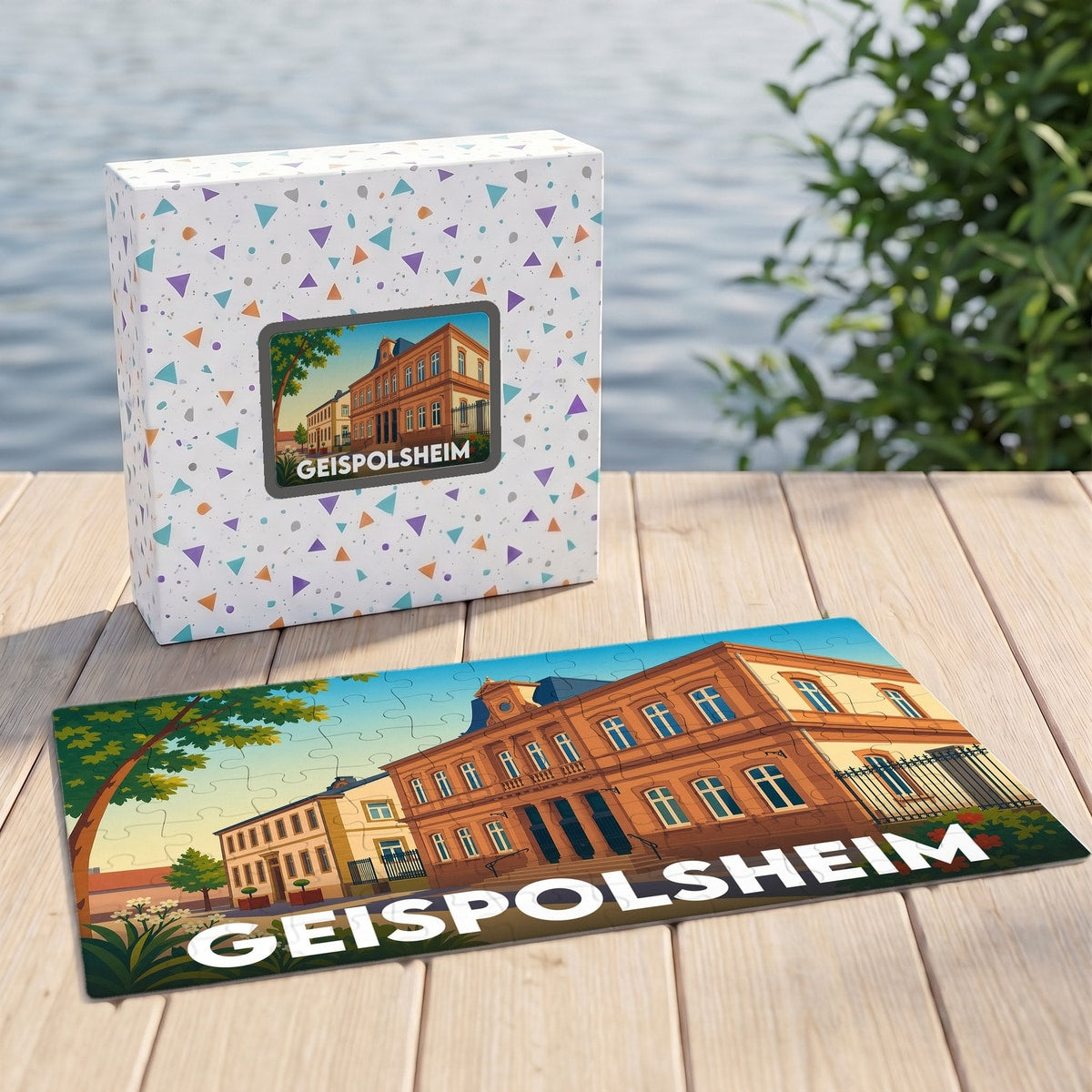 Puzzle souvenir de la ville de Geispolsheim avec une illustration stylisée de son architecture.