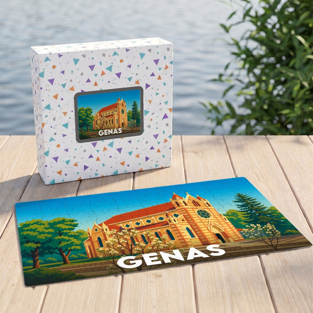 Puzzle souvenir de la ville de Genas illustré d'un monument historique coloré.
