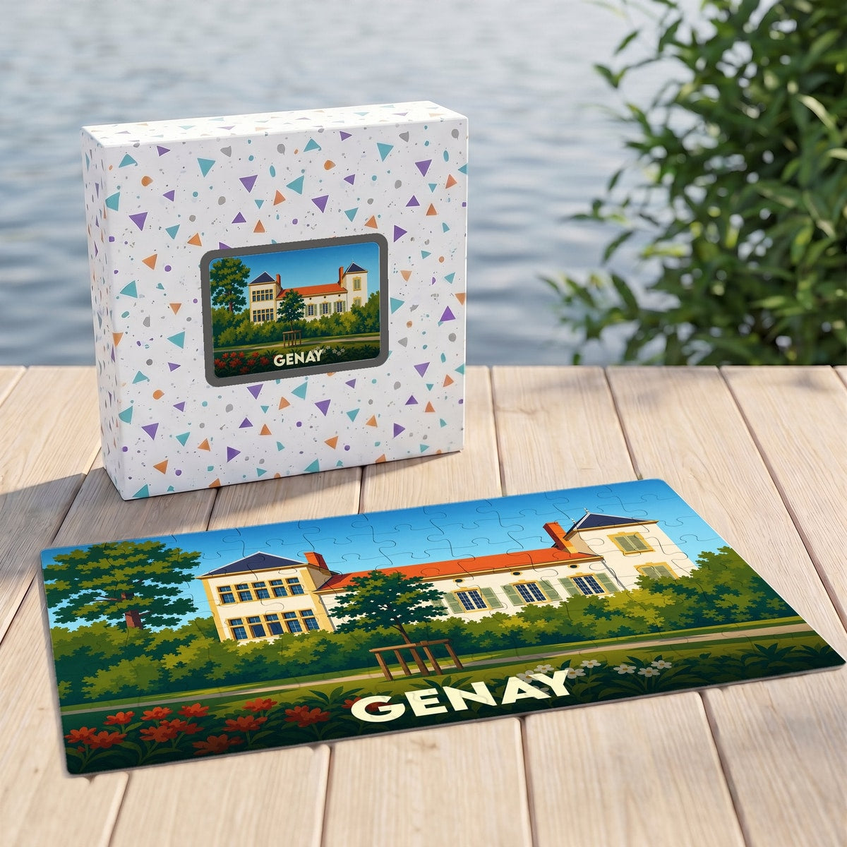Puzzle souvenir de la ville de Genay avec une illustration stylisée d'un bâtiment historique.