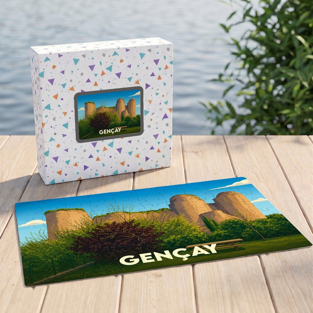 Puzzle souvenir de la ville de Gençay représentant son château médiéval avec une illustration stylisée.