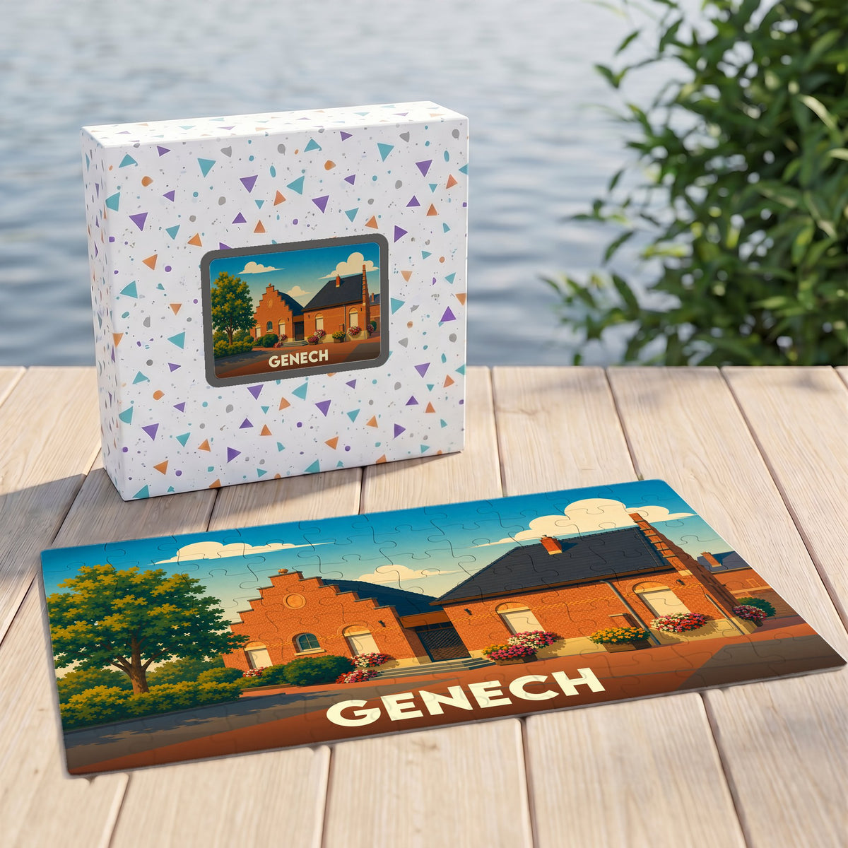 Puzzle souvenir de la ville de Genech avec une illustration stylisée de bâtiments typiques.