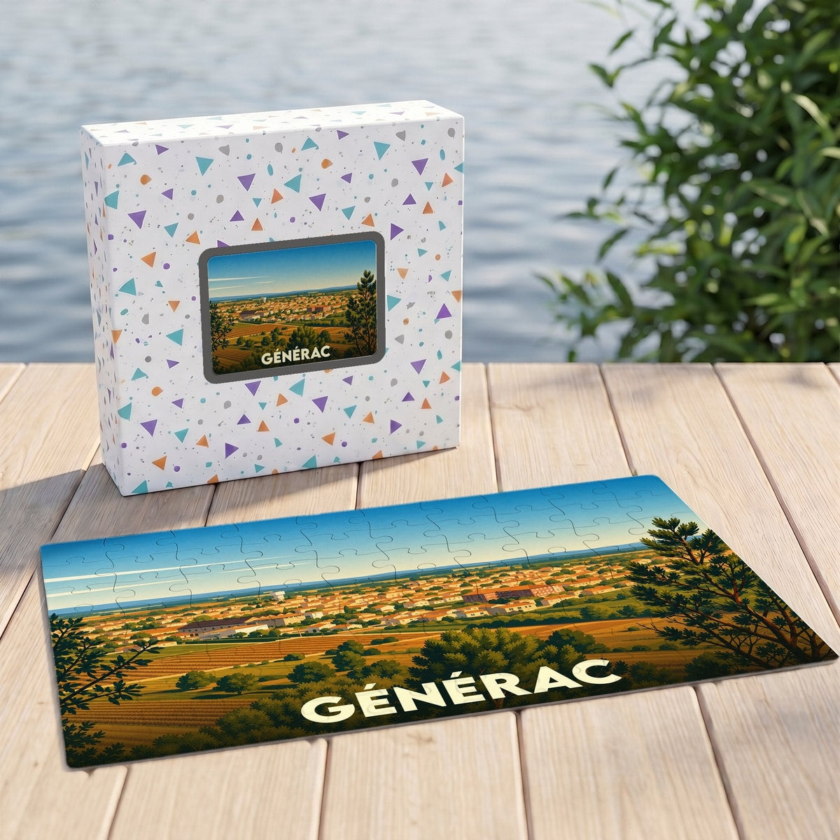 Puzzle souvenir de la ville de Générac avec une illustration panoramique stylisée.