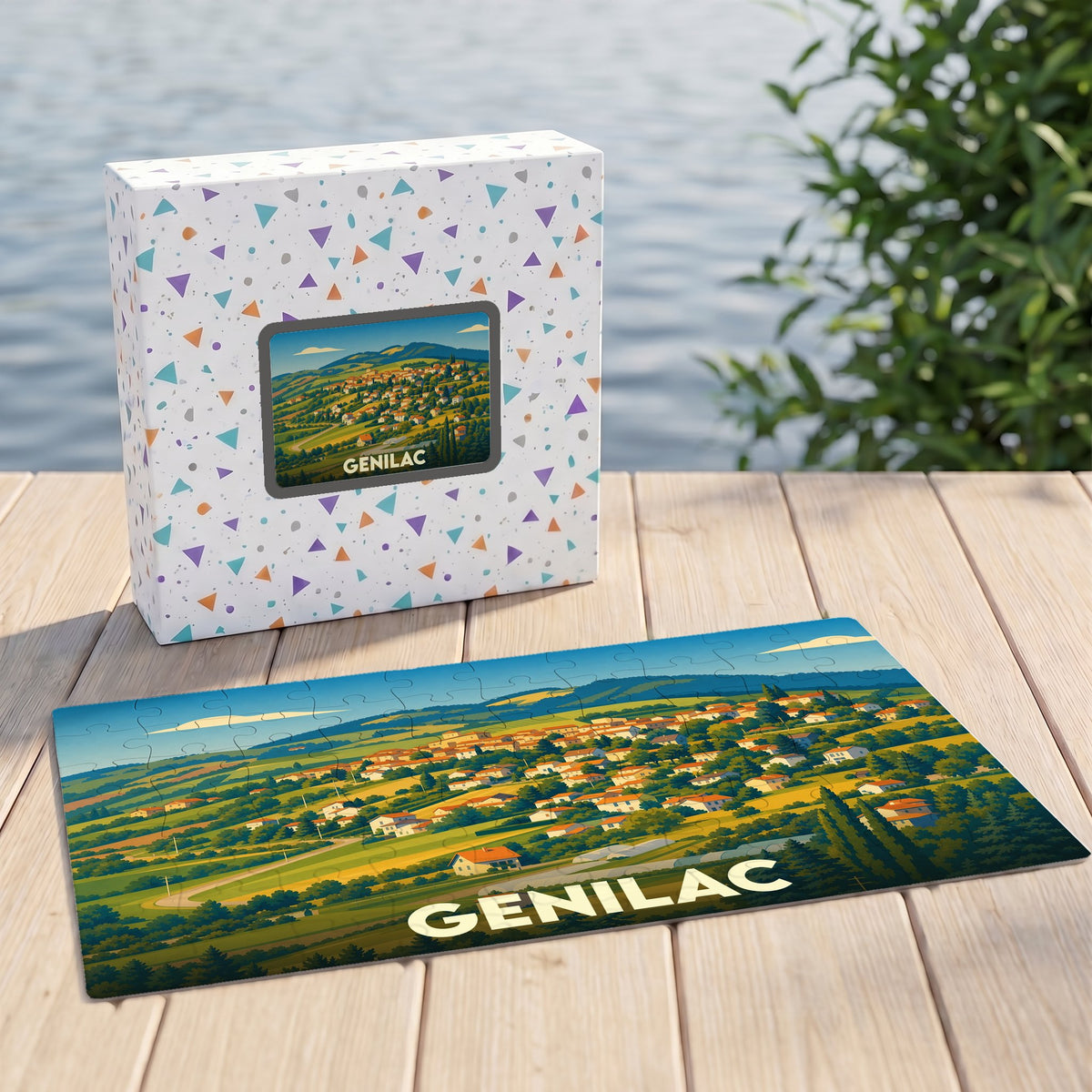 Puzzle souvenir de la ville de Genilac illustré d'un paysage de campagne vallonné.