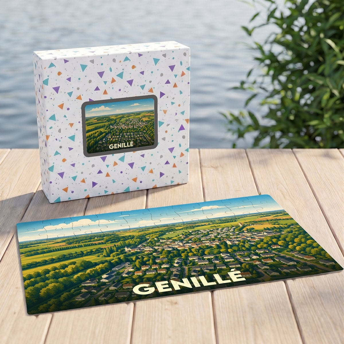 Puzzle souvenir de la ville de Genillé avec une illustration paysagère stylisée.
