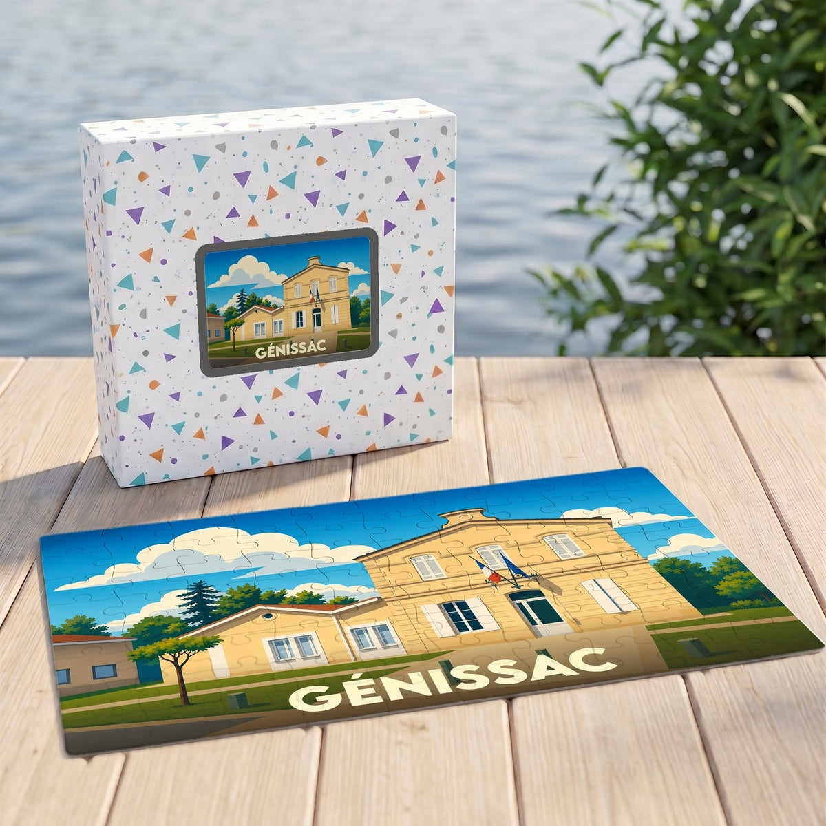 Puzzle souvenir de la ville de Génissac présentant une illustration colorée de sa mairie.