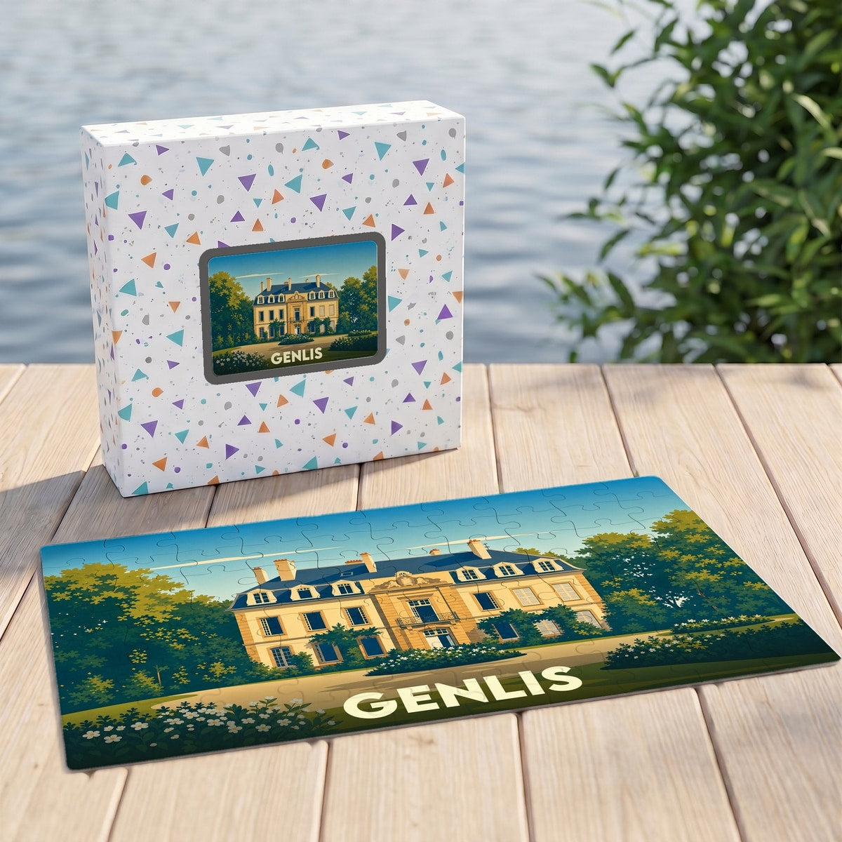 Puzzle souvenir de la ville de Genlis représentant une illustration stylisée d'un château.