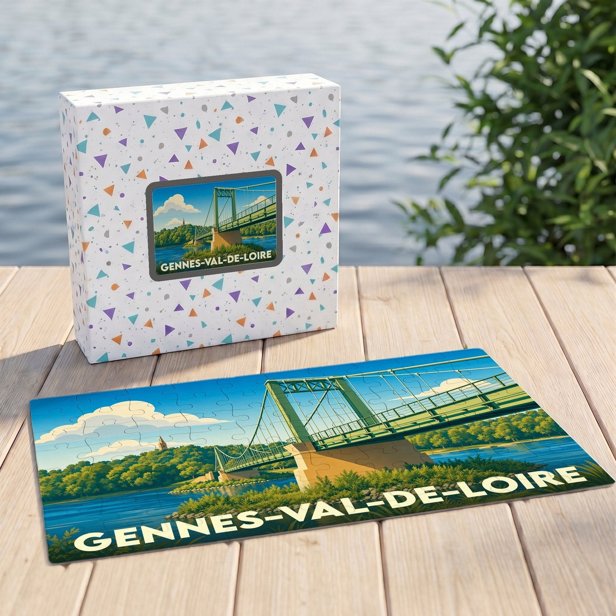 Puzzle souvenir de la ville de Gennes-Val-de-Loire illustrant un pont suspendu avec son coffret assorti.