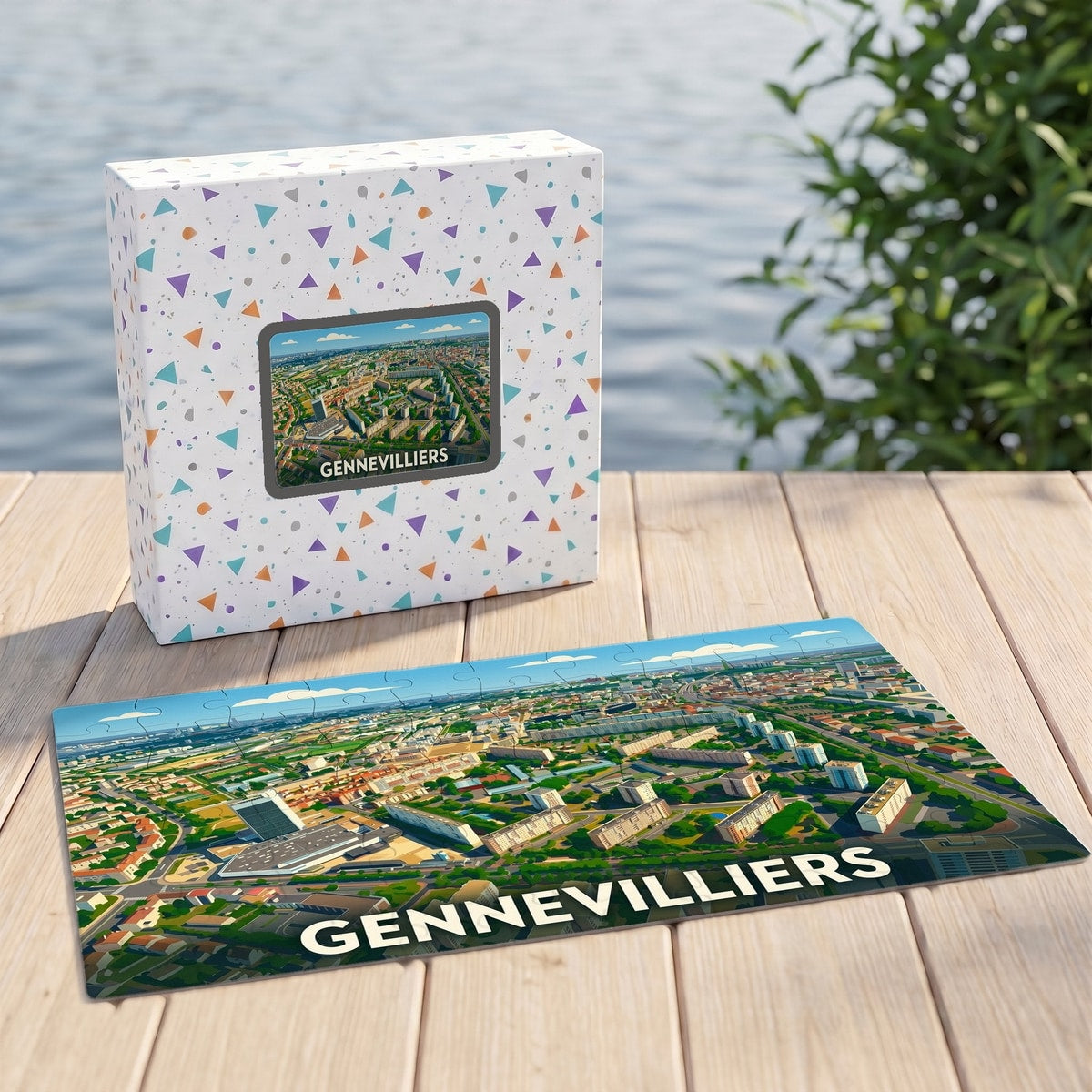 Puzzle souvenir de la ville de Gennevilliers avec une illustration aérienne colorée et stylisée.