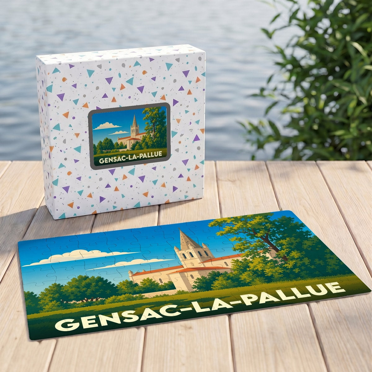 Puzzle souvenir de la ville de Gensac-la-Pallue avec son illustration stylisée et sa boîte assortie.