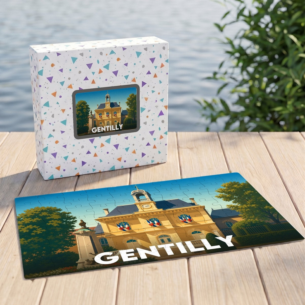 Puzzle souvenir de la ville de Gentilly avec une illustration stylisée de l'hôtel de ville.