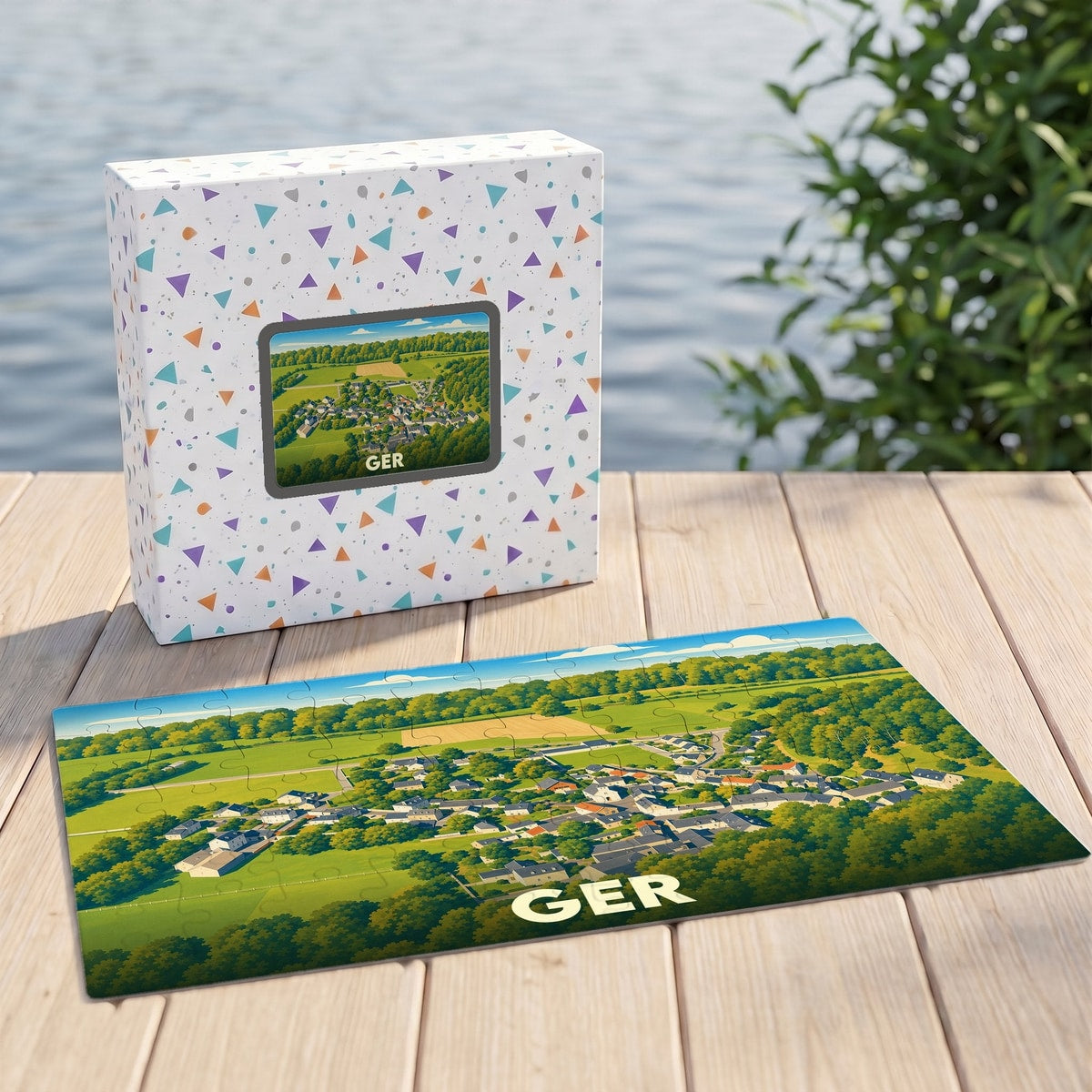 Puzzle souvenir de la commune de Ger avec une illustration paysagère stylisée.
