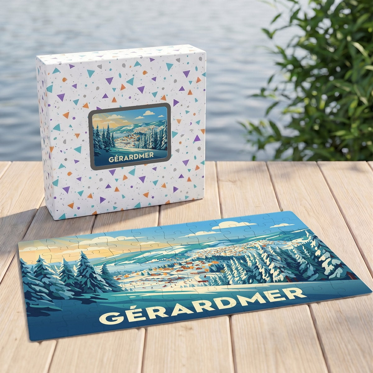 Puzzle souvenir de la ville de Gérardmer avec une illustration hivernale stylisée.
