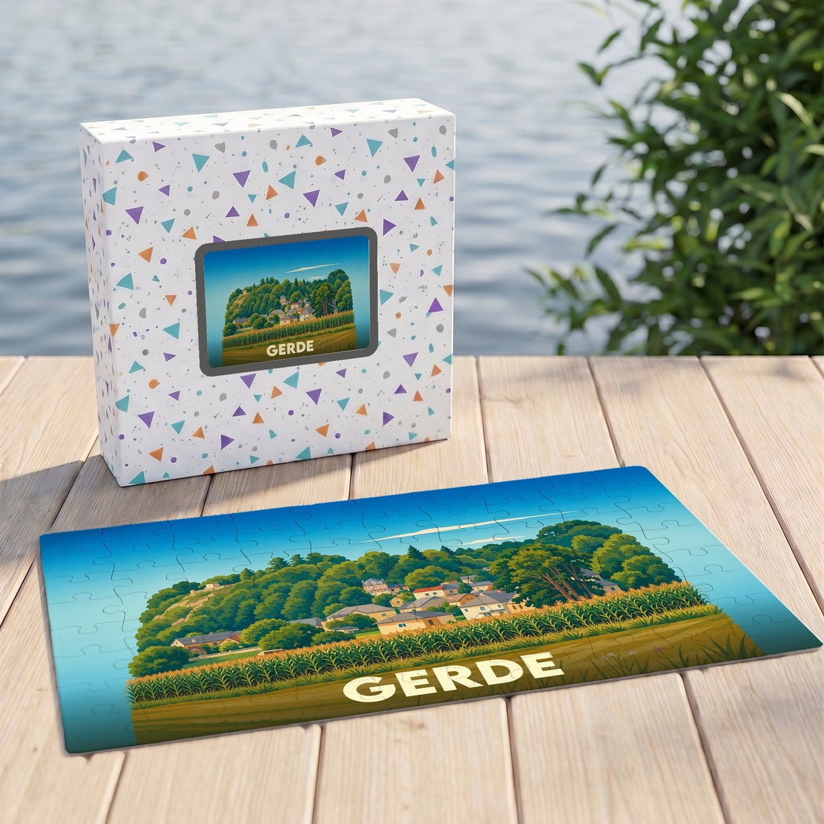 Puzzle souvenir de la ville de Gerde avec une illustration stylisée de son paysage.