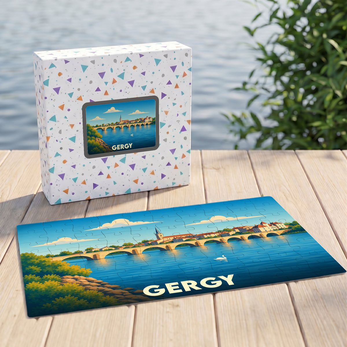 Puzzle souvenir de la ville de Gergy présentant une illustration stylisée d'un pont sur la Saône.
