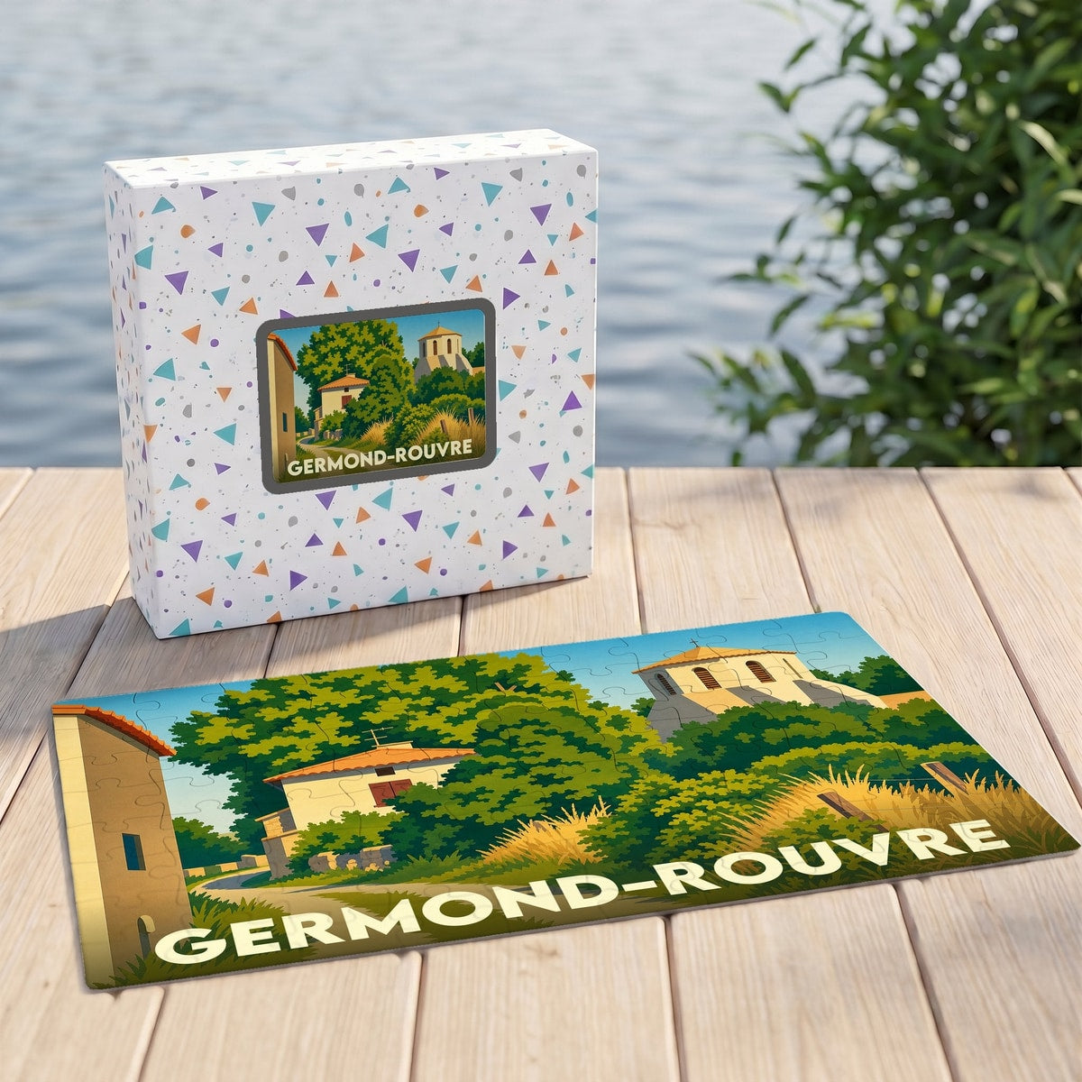 Puzzle souvenir de la ville de Germond-Rouvre avec une illustration stylisée de ses paysages.