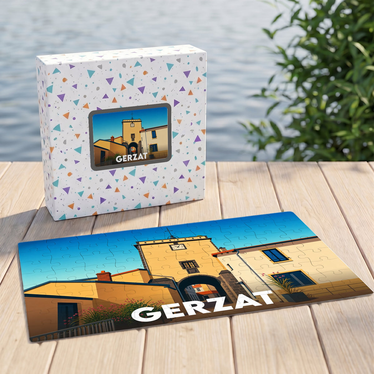 Puzzle souvenir de la ville de Gerzat avec son emballage, illustrant une porte médiévale fortifiée.