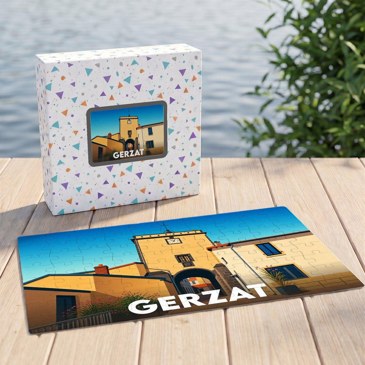 Puzzle souvenir de la ville de Gerzat avec son emballage, illustrant une porte médiévale fortifiée.
