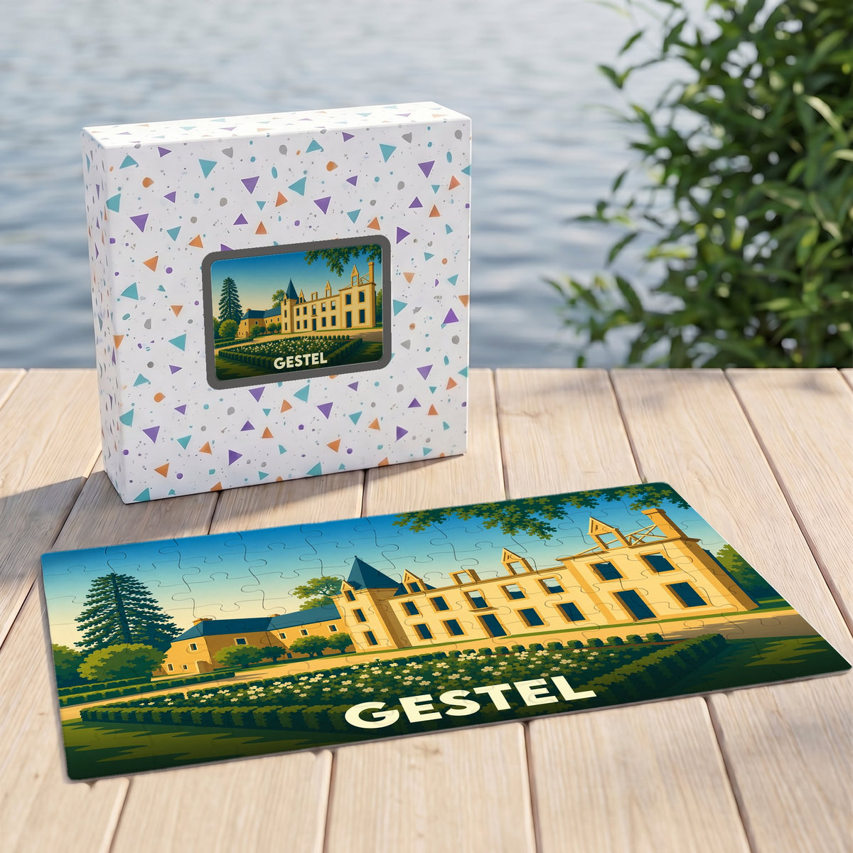 Puzzle souvenir de la ville de Gestel illustré d'un château stylisé.