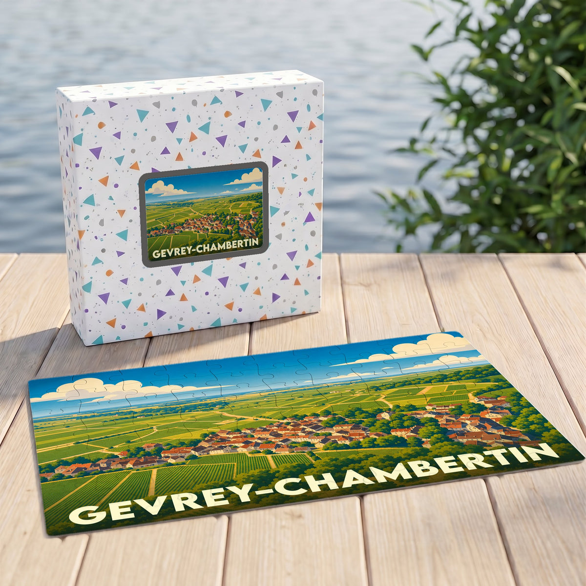 Puzzle souvenir de Gevrey-Chambertin illustrant ses vignobles et son village dans un style graphique épuré.