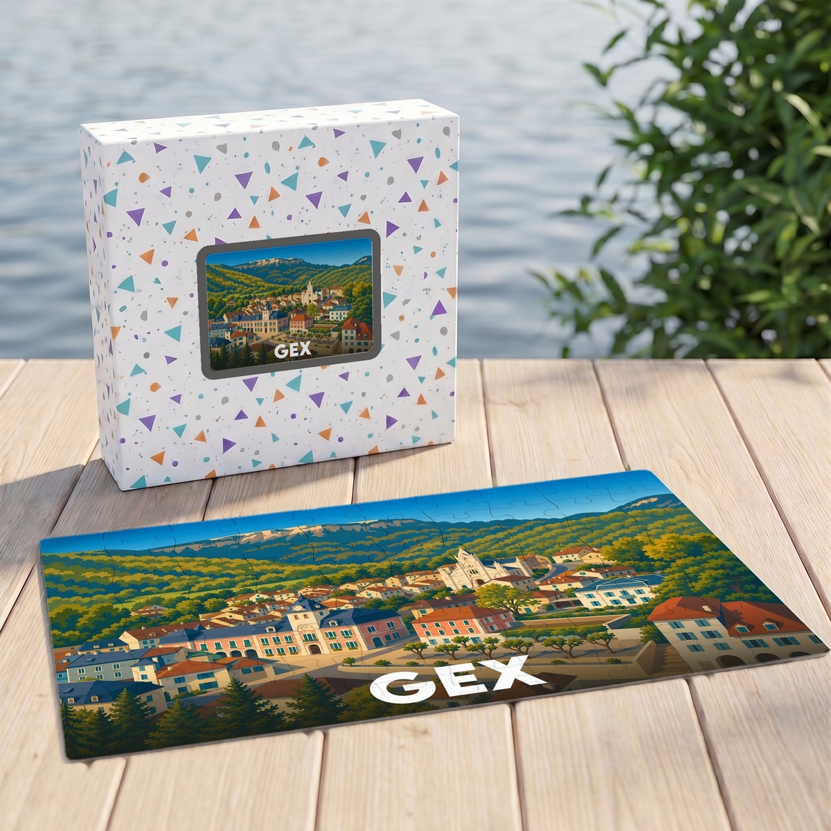 Puzzle souvenir de la ville de Gex illustrant un paysage urbain niché au pied des montagnes.