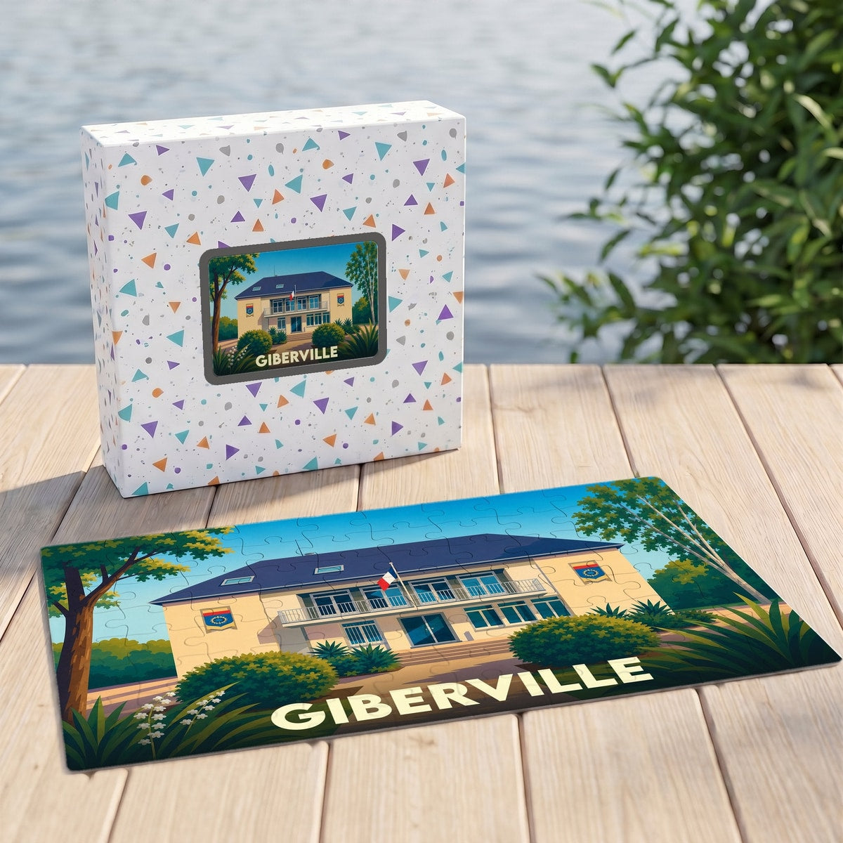 Puzzle souvenir de la ville de Giberville avec une illustration stylisée de sa mairie.