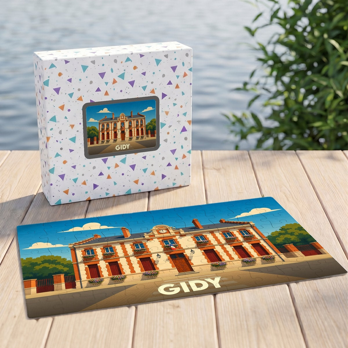 Puzzle souvenir de la ville de Gidy illustrant son hôtel de ville dans un style rétro.