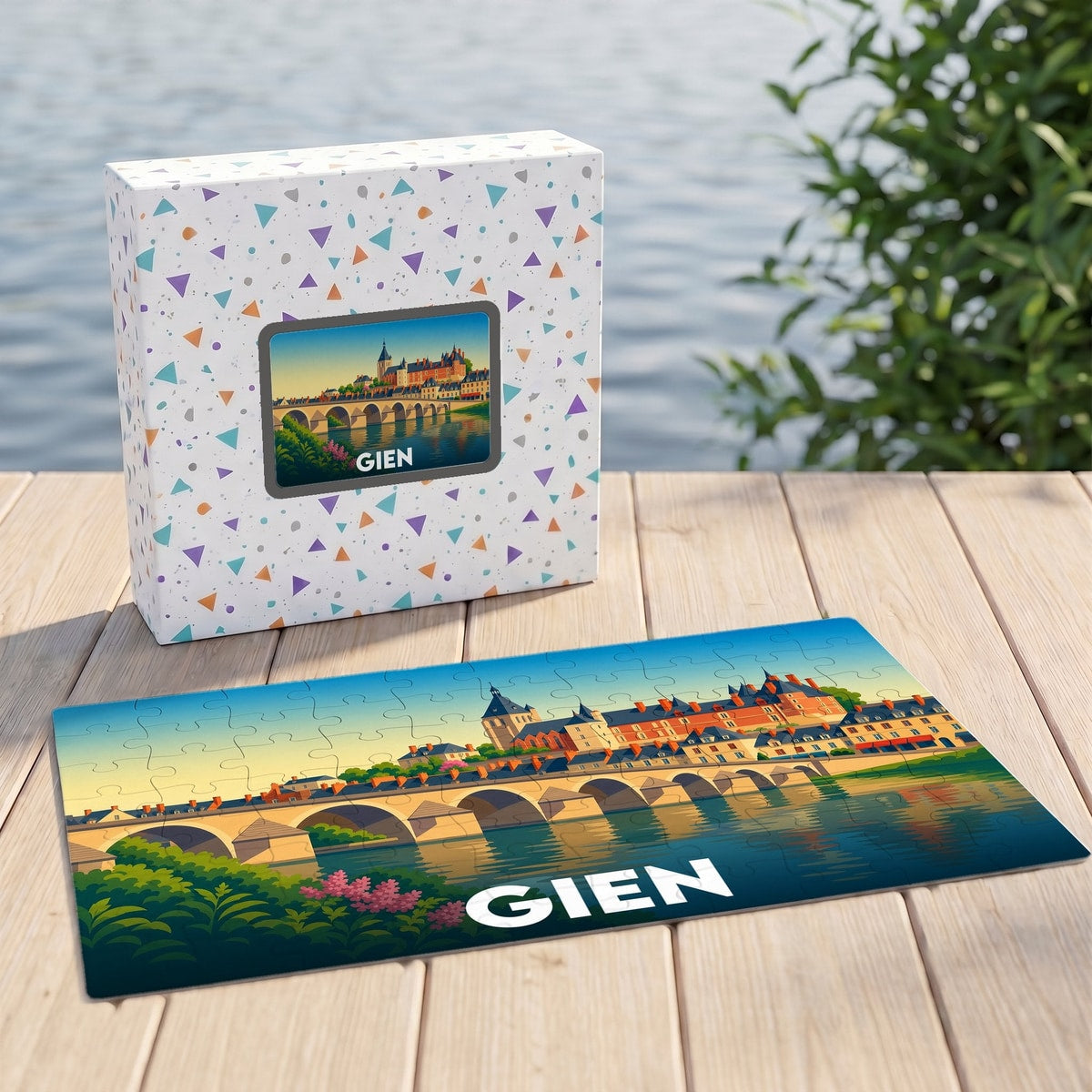 Puzzle souvenir de la ville de Gien avec une illustration stylisée de son pont et de son château au bord de la Loire.
