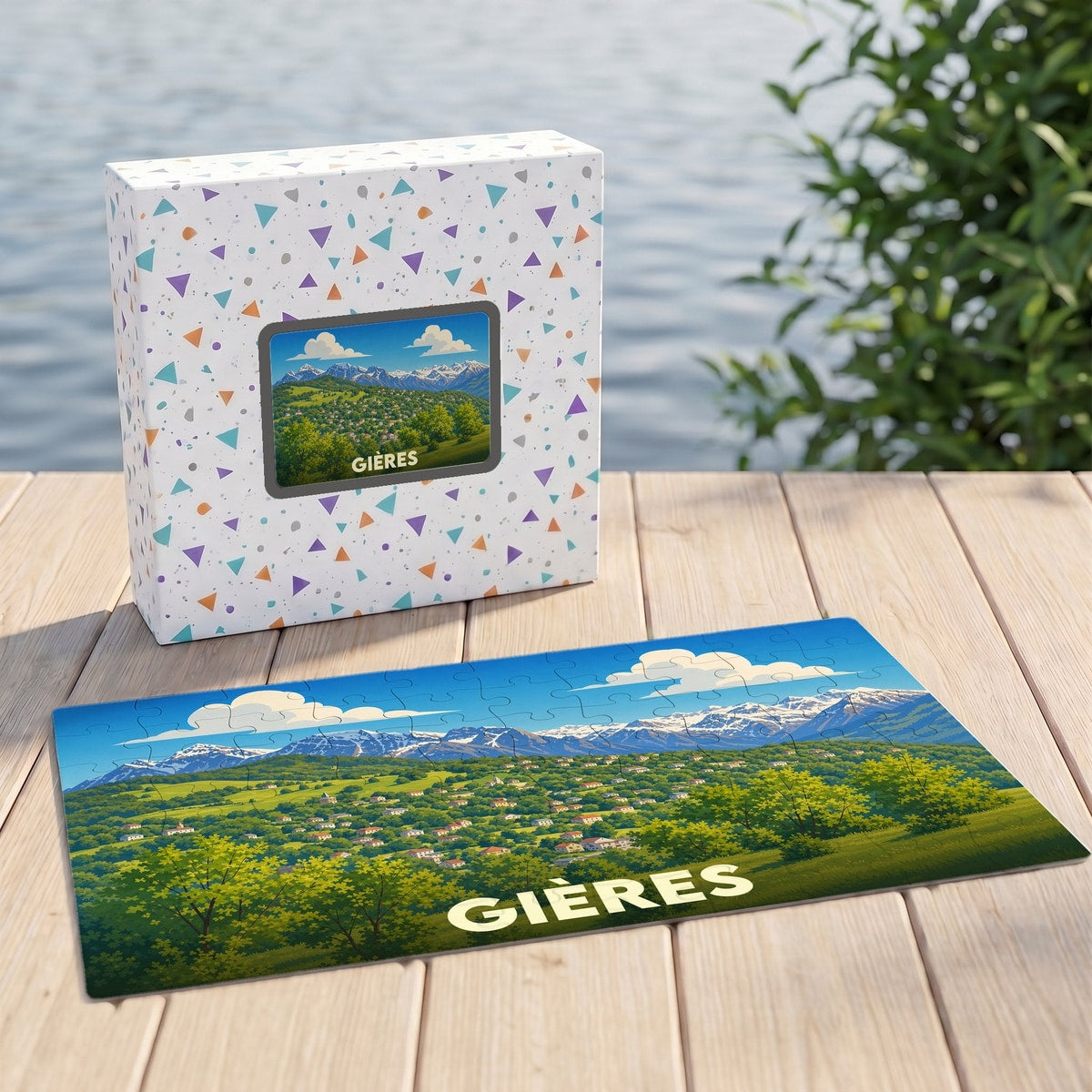 Puzzle souvenir de la ville de Gières avec une illustration stylisée de son paysage montagneux.