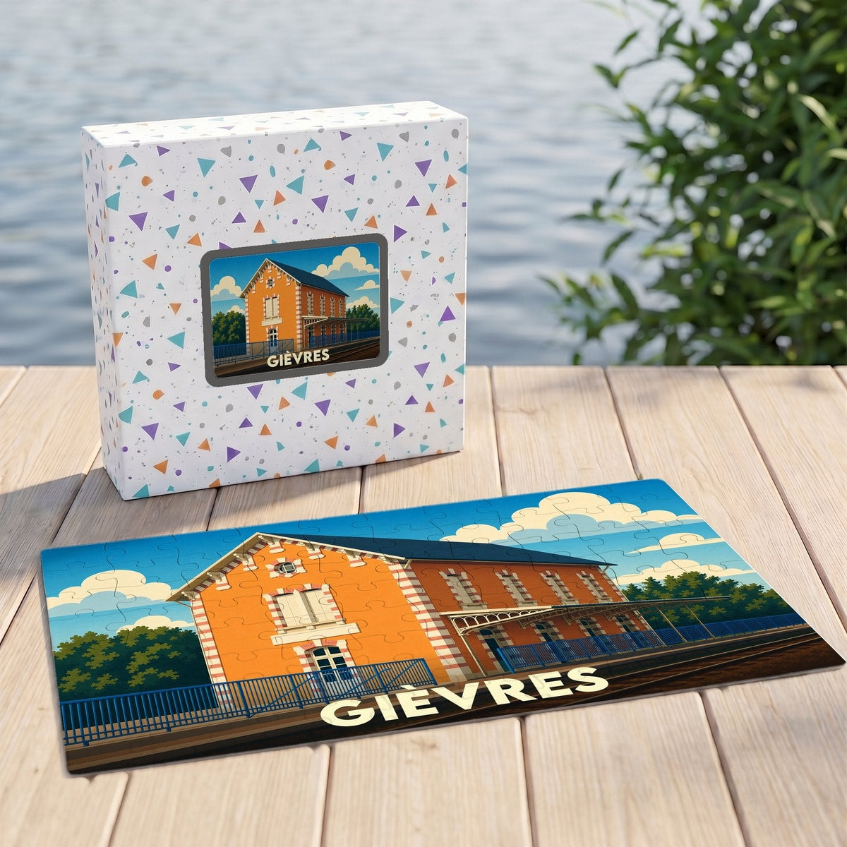 Puzzle souvenir de la ville de Gièvres illustrant une gare stylisée dans son coffret assorti.