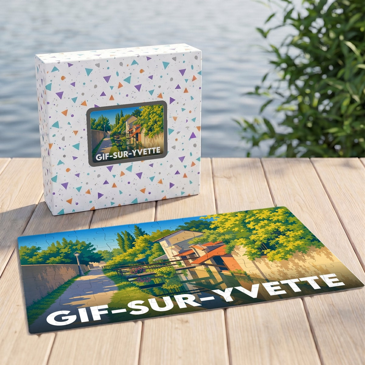 Puzzle souvenir de la ville de Gif-sur-Yvette avec une illustration de paysage de style affiche de voyage.