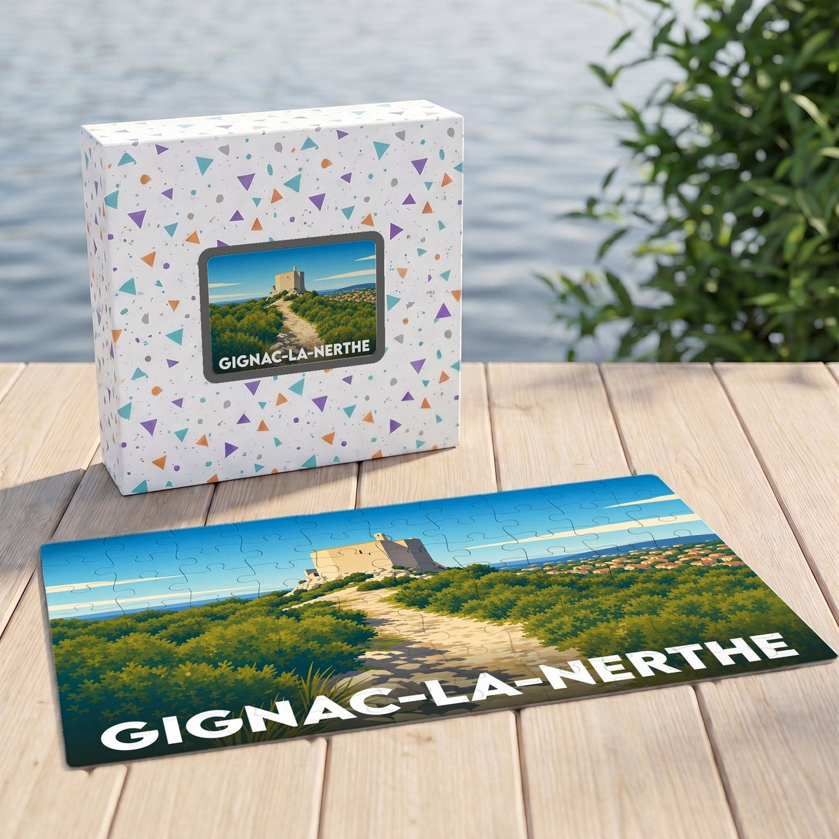 Puzzle souvenir de la ville de Gignac-la-Nerthe avec une illustration stylisée d'un paysage provençal.