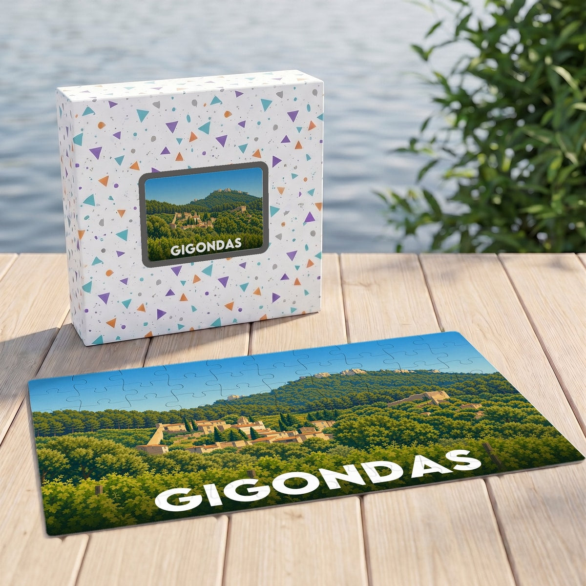 Puzzle souvenir de la ville de Gigondas illustrant un paysage provençal avec son village et ses vignes.