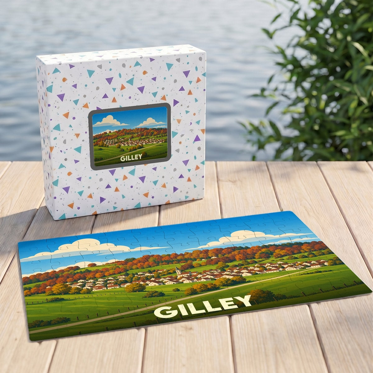 Puzzle souvenir de la ville de Gilley avec une illustration stylisée de son paysage.