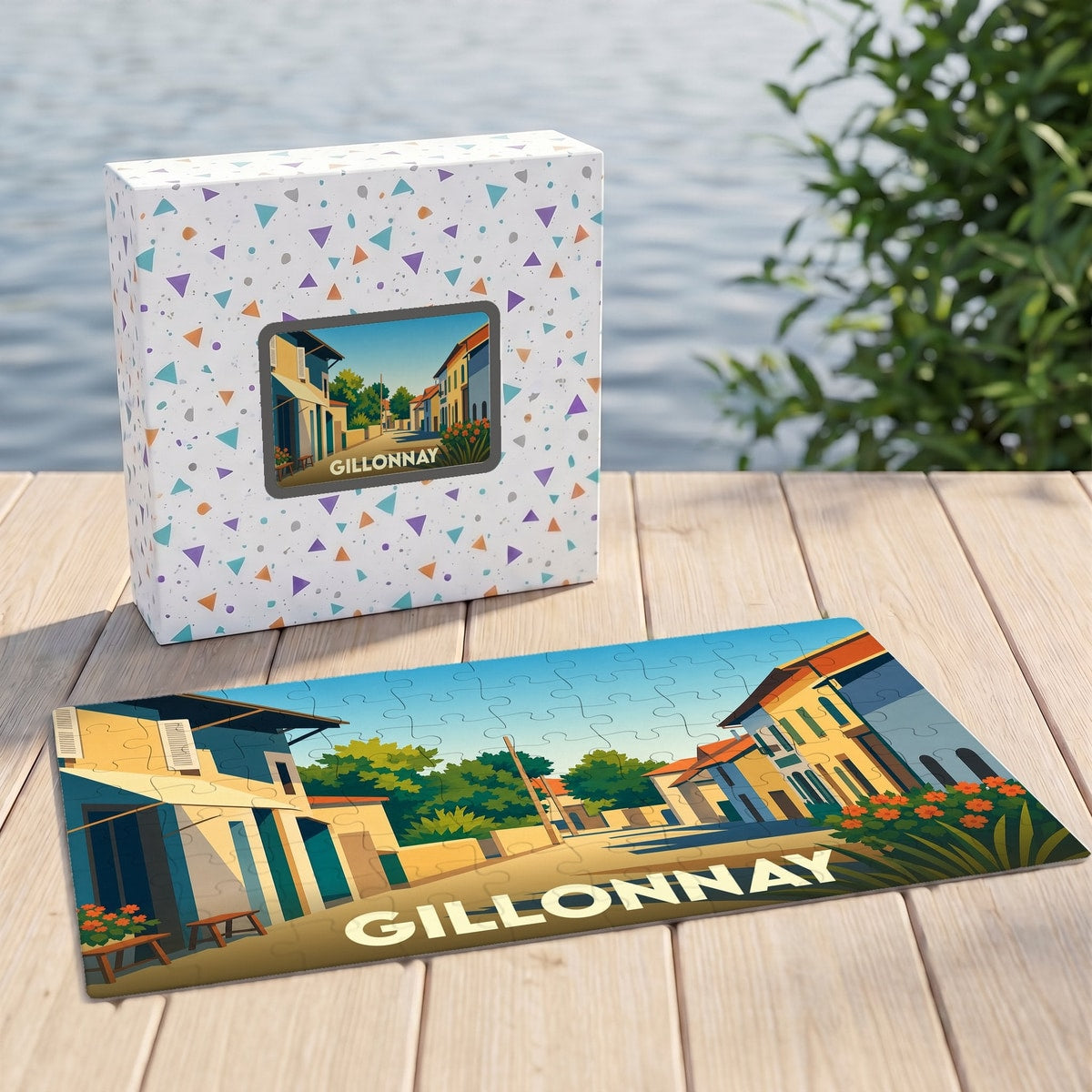 Puzzle souvenir de la ville de Gillonnay avec une illustration stylisée.