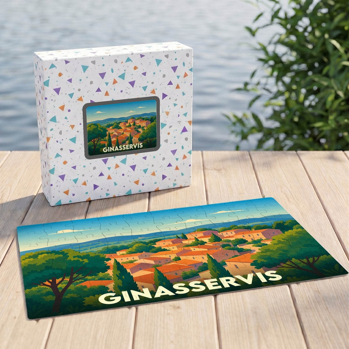 Puzzle souvenir de la ville de Ginasservis avec une illustration stylisée d'un village provençal.