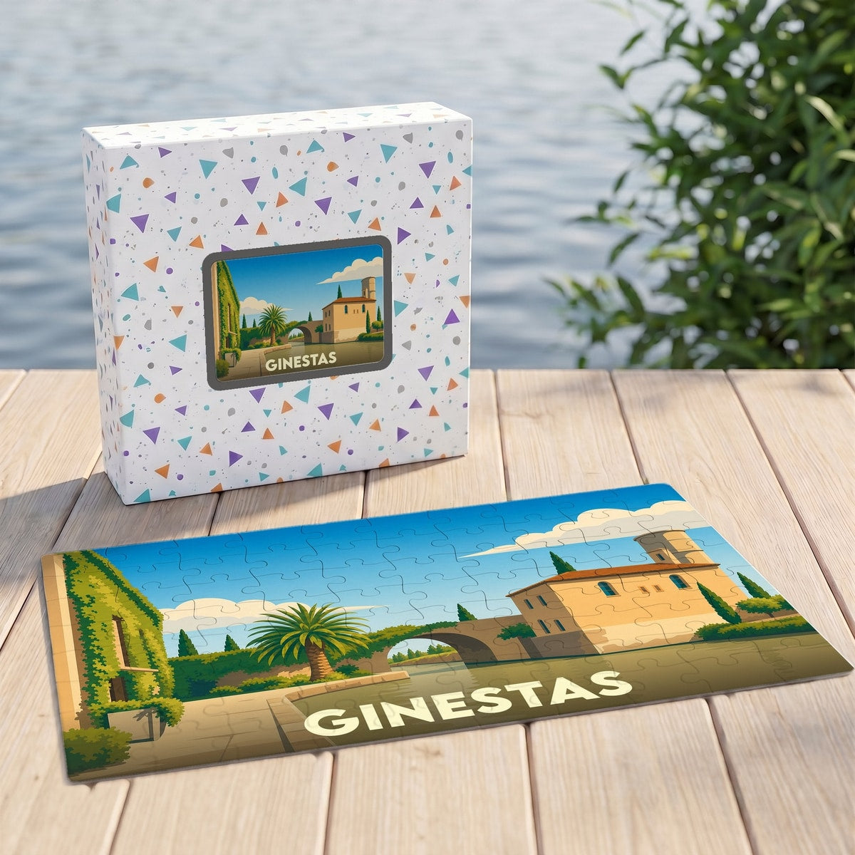 Puzzle souvenir de la ville de Ginestas avec une illustration stylisée et colorée.