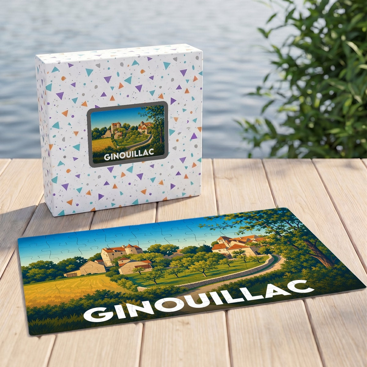 Puzzle souvenir de la ville de Ginouillac avec une illustration stylisée de son paysage champêtre.