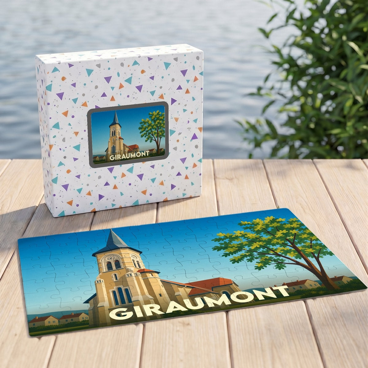 Puzzle souvenir de la ville de Giraumont illustrant son église avec un style graphique épuré.