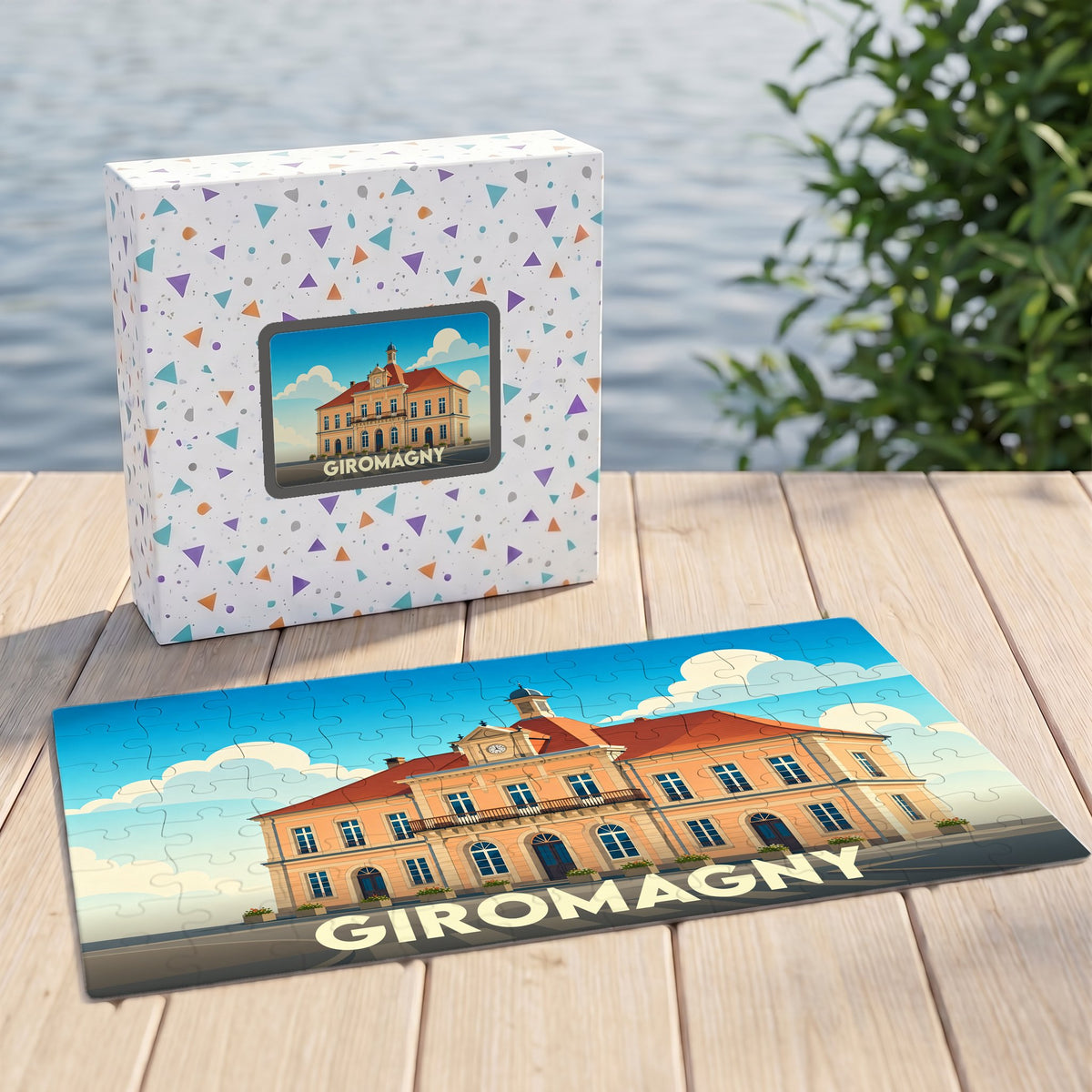 Puzzle souvenir de la ville de Giromagny avec une illustration stylisée de son hôtel de ville.