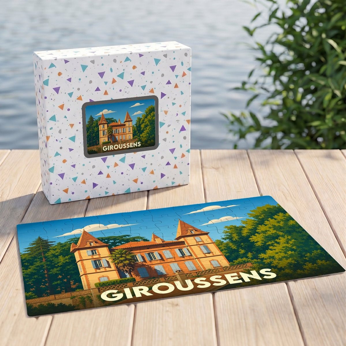 Puzzle souvenir de la ville de Giroussens avec une illustration stylisée de son château.