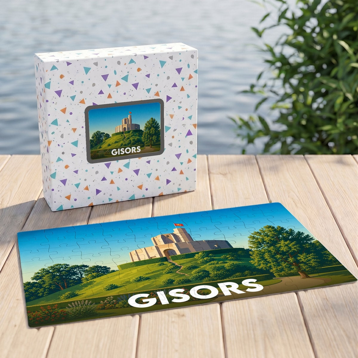 Puzzle souvenir de la ville de Gisors avec une illustration stylisée de son château.