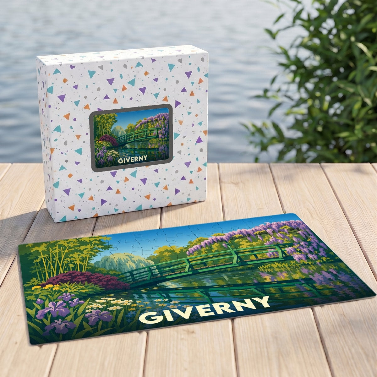 Puzzle souvenir de la ville de Giverny illustrant le célèbre pont japonais et son jardin fleuri.