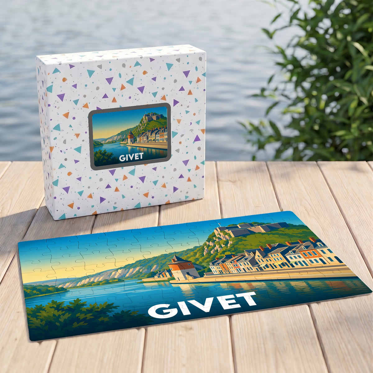 Puzzle souvenir de la ville de Givet avec une illustration stylisée des bords de Meuse.