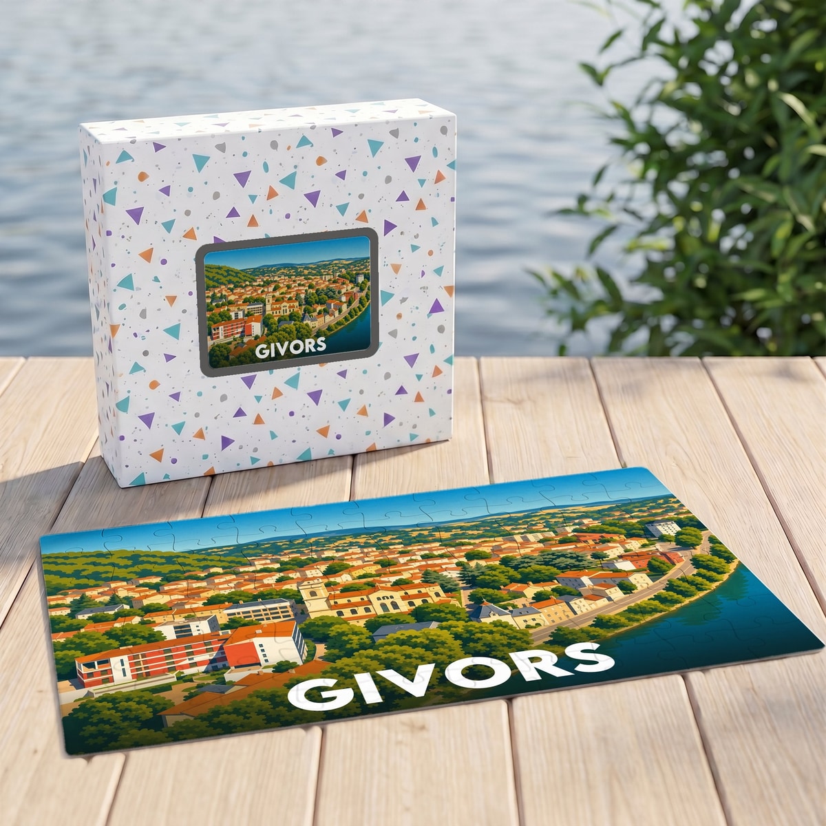 Puzzle souvenir de la ville de Givors accompagné de sa boîte, présentant une illustration colorée du paysage urbain en bord de fleuve.